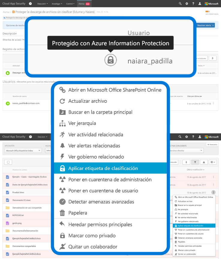 Captura de pantalla en la que se muestra la selección “Aplicar etiqueta de clasificación” de un menú desplegable en Azure Information Protection.