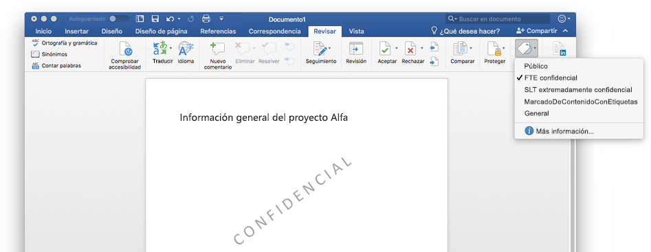 En una captura de pantalla, se muestra un documento confidencial de Word, incluida la marca de agua del documento.