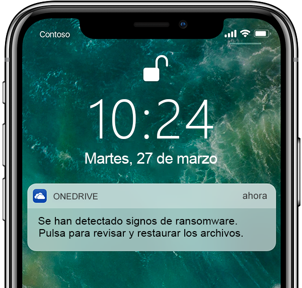 Captura de pantalla de un teléfono móvil en el que se muestra la detección y recuperación de ransomware.