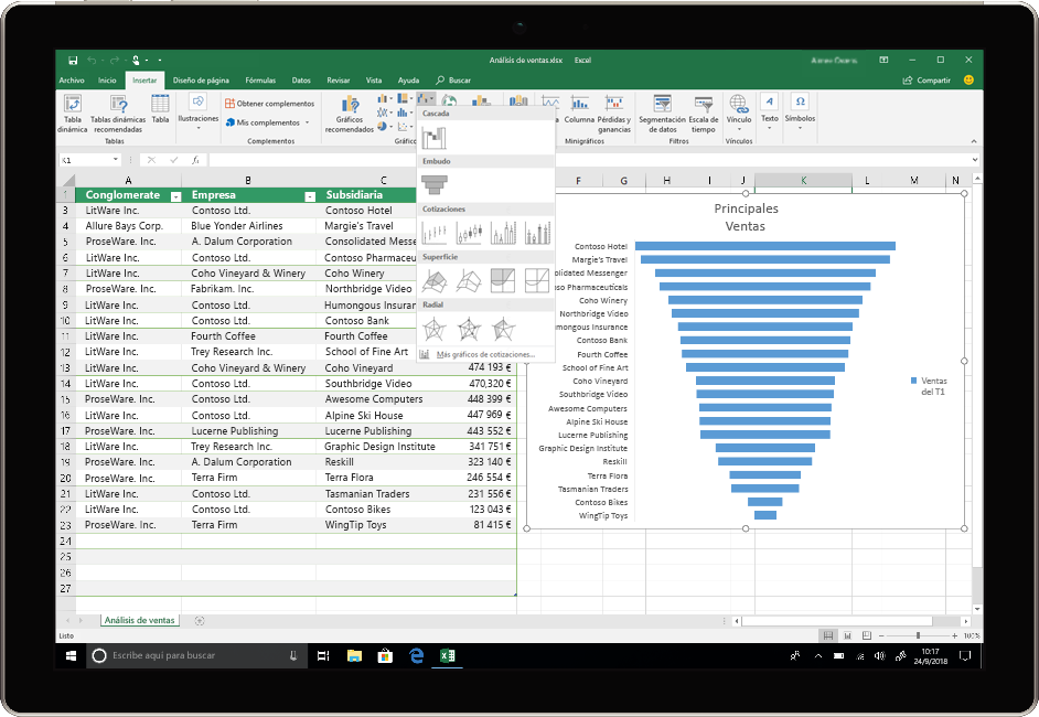 Una imagen que muestra un dispositivo usando Excel en Office 2019.