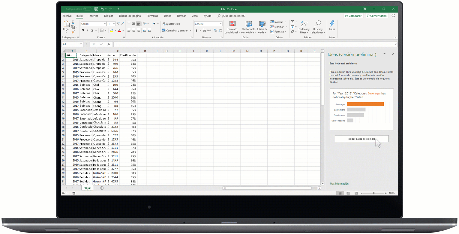 Una imagen animada que muestra Ideas en Excel.