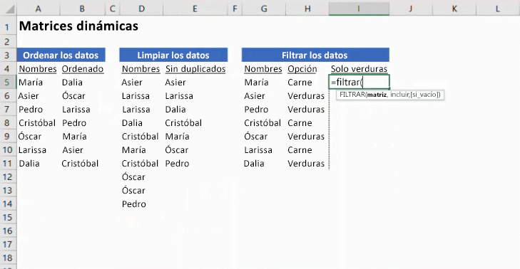 Una imagen animada que muestra Matrices dinámicas en Excel.