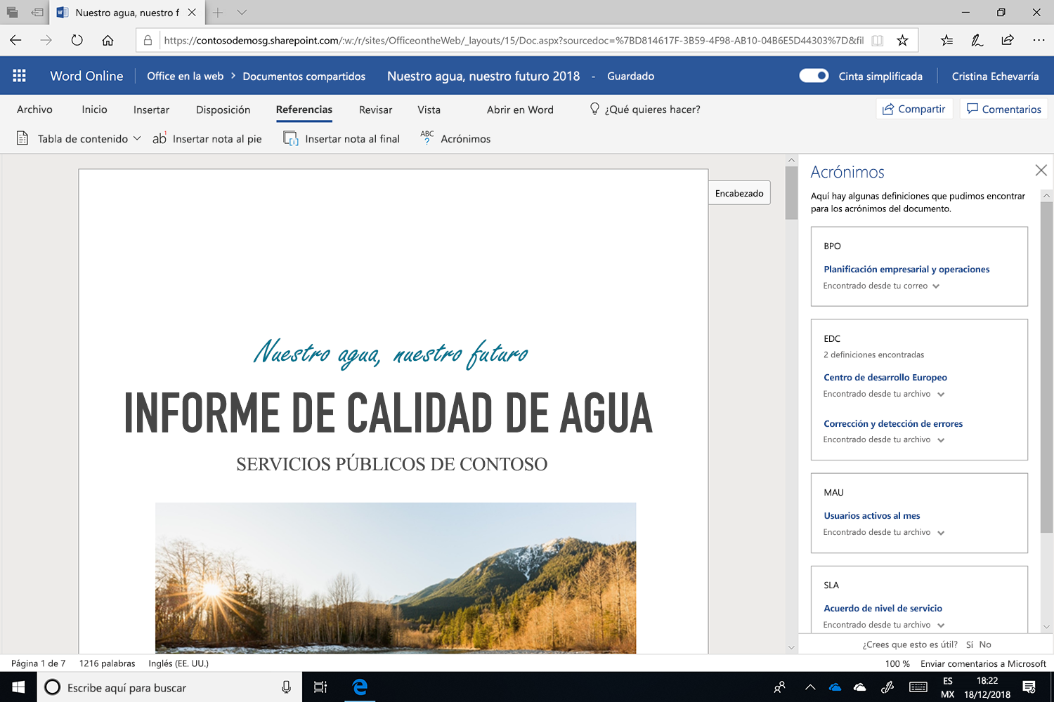 Captura de pantalla del panel de Acrónimos abierto en Microsoft Word.
