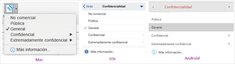Captura de pantalla del menú desplegable de confidencialidad de datos en Mac, iOS y Android.