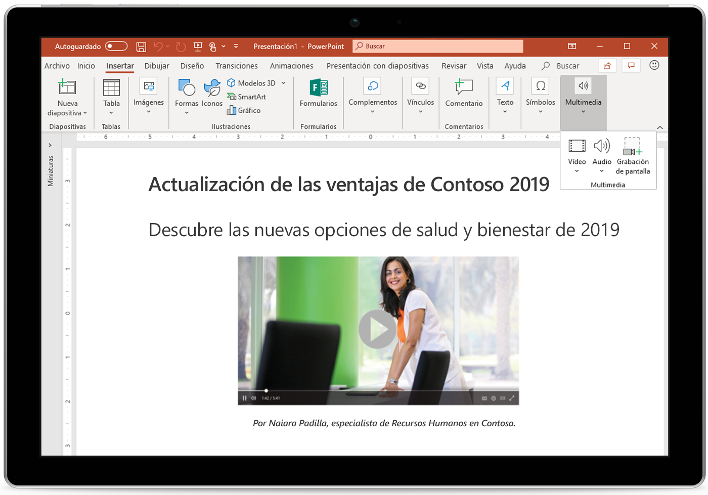 Imagen de una tableta que muestra una diapositiva de PowerPoint.