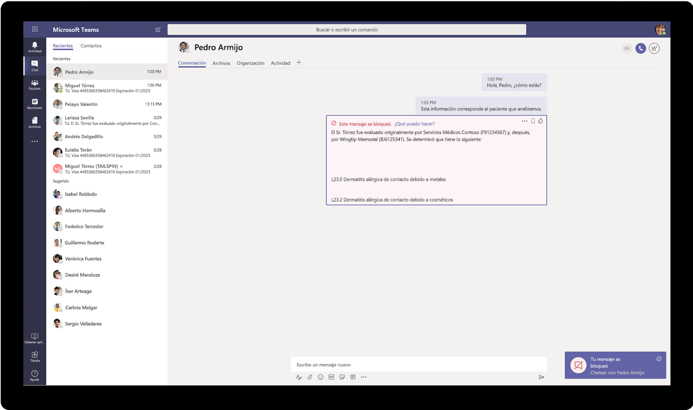 Captura de pantalla de un mensaje bloqueado en Microsoft Teams.