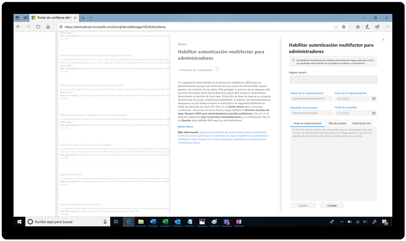 Captura de pantalla de la autenticación multifactor habilitada en el Portal de confianza de servicios.