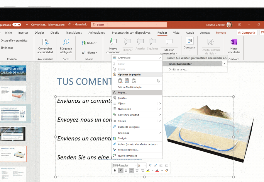 Captura de pantalla de la compatibilidad con varios idiomas en acción en una diapositiva de Microsoft PowerPoint.