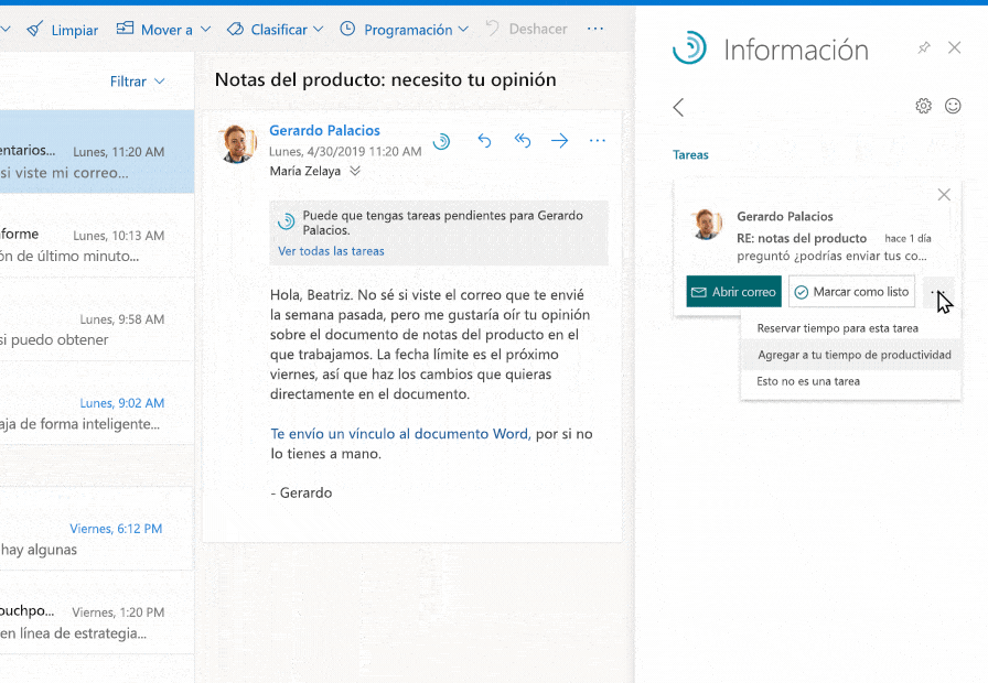 La sugerencia directa en Outlook destaca una tarea pendiente de realizar para la persona que envía el correo al usuario. El usuario agrega la tarea a un bloque de tiempo de concentración próximo.