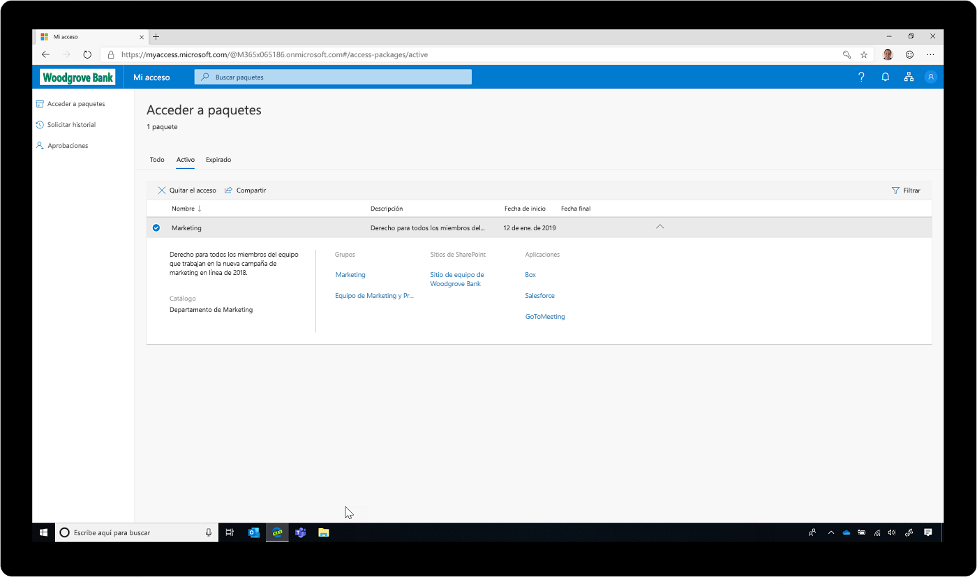 Captura de pantalla de los paquetes de acceso en Azure Active Directory.