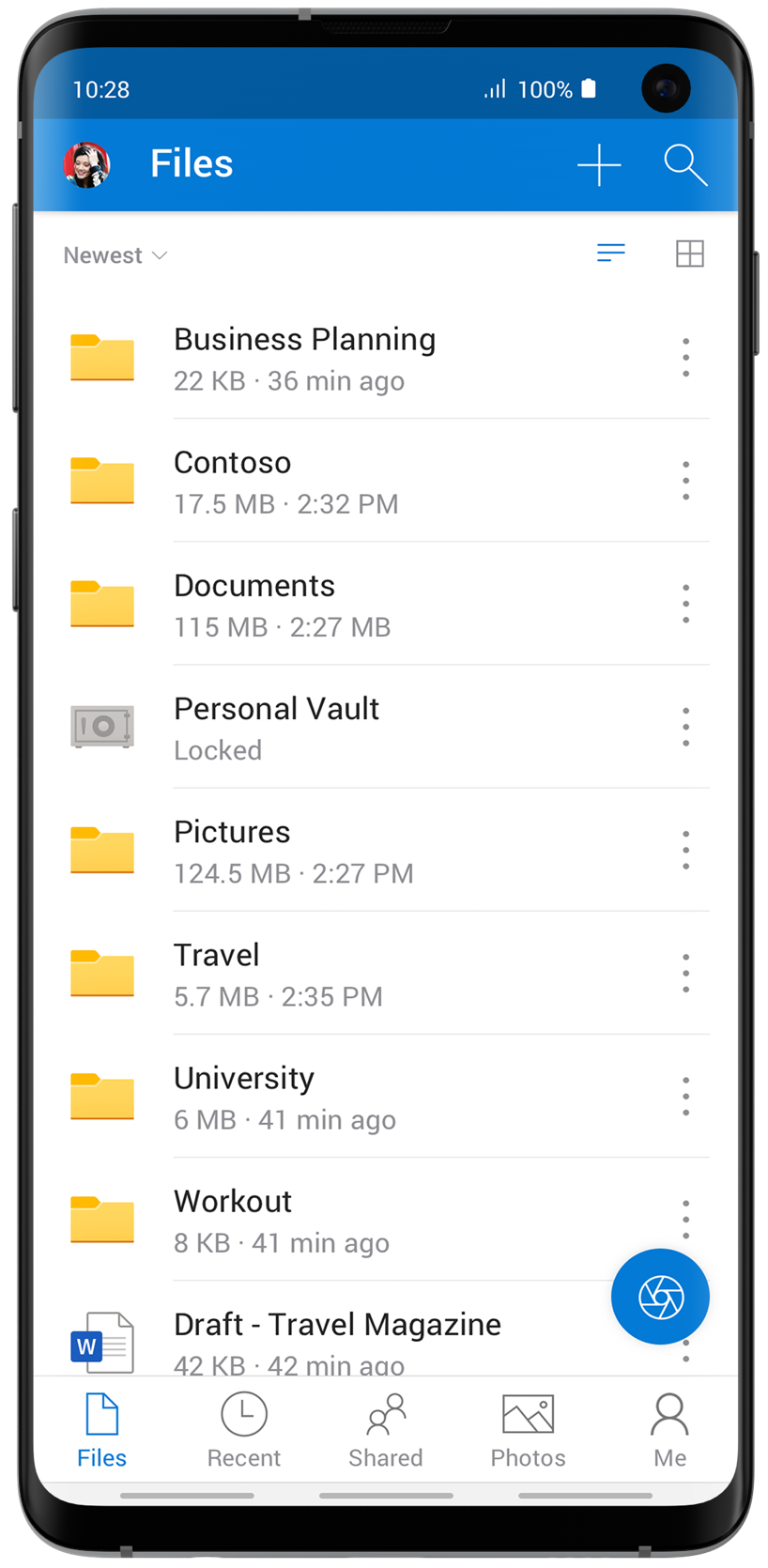 Imagen de archivos en un dispositivo móvil, en el Almacén personal de OneDrive.