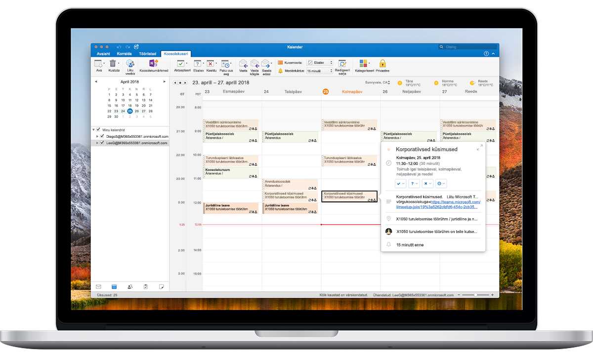 Avatud sülearvuti ekraanil on näha Outlooki kalendri ajavööndisuvandid.