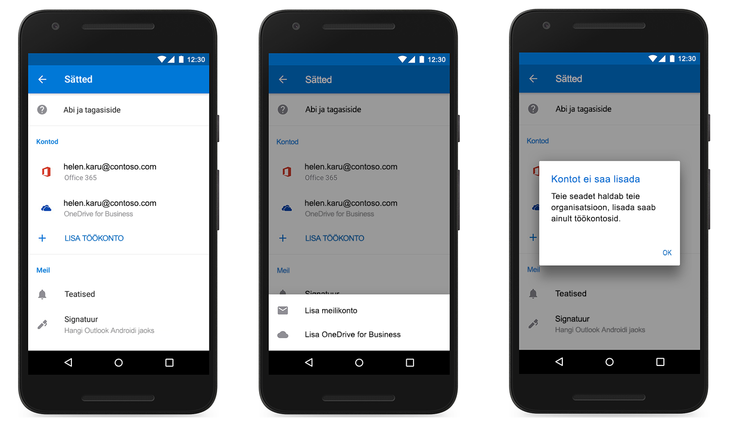 Pilt kolmest seadmest, milles kuvatakse Outlooki mobiilirakendusse lisatud konto.