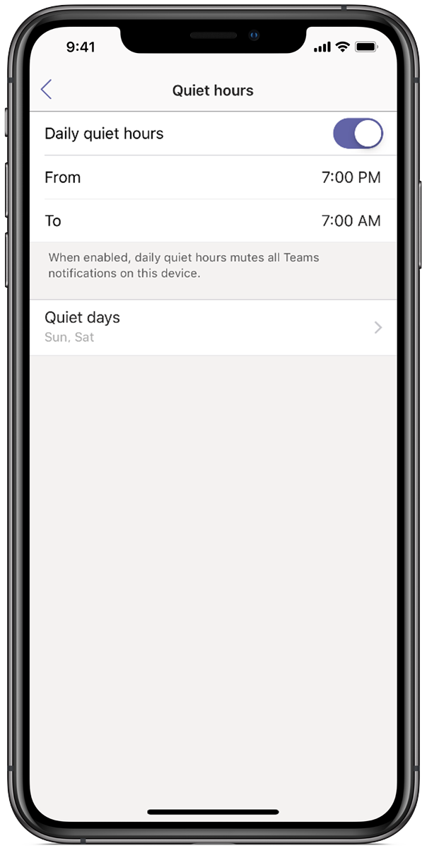 Pilt telefoni ekraanist, kus on kujutatud Microsoft Teams, mille vaikseks ajaks on määratud 19:00 kuni 7:00.
