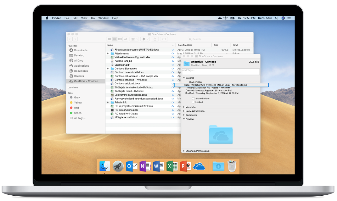 Pilt Mac-arvutist, kus on kuvatud OneDrive’i nõudefailide funktsioon.