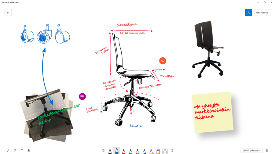 Kuva, jossa näkyy, miten tiimi on käyttänyt Microsoft Whiteboardia toimistotuolin teknisen suunnitelman visualisoimiseen.