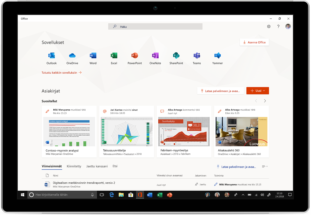 Kuva tabletista, jossa näkyvät Windows 10:n uudet Office-sovellukset.