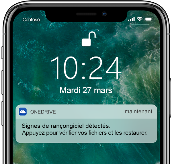 Capture d’écran d’un téléphone mobile affichant une notification de détection de rançongiciel et de récupération de fichiers.