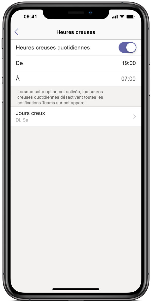 Image d’un écran de smartphone affichant Microsoft Teams, avec l’option Ne pas déranger définie entre 19 et 7 heures
