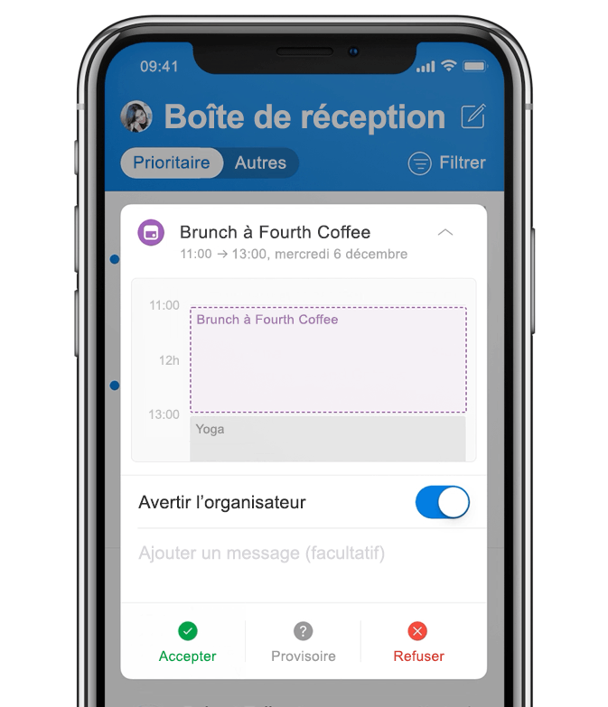 Image animée d’un smartphone montrant un utilisateur en train d’ajouter un brunch à son calendrier.