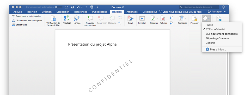 Capture d’écran d’un document Confidentiel dans Word, avec le filigrane du document.
