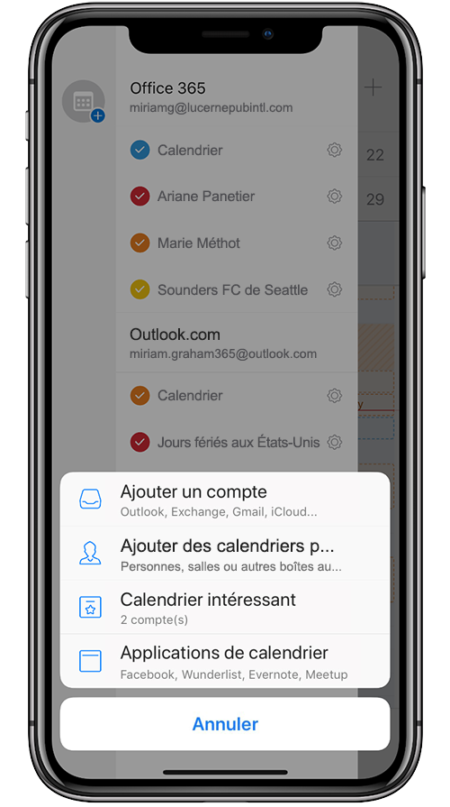 Image d’un appareil mobile ajoutant un calendrier partagé dans Outlook Mobile.