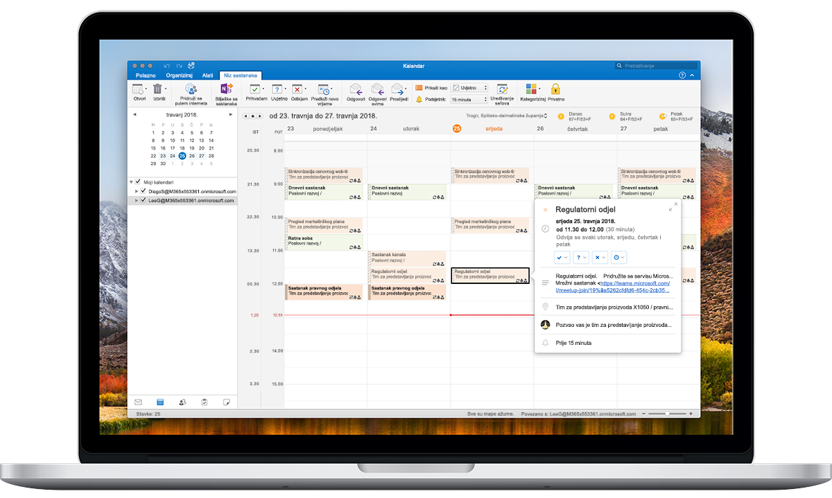 Otvoreno prijenosno računalo na kojem se prikazuju mogućnosti vremenskih zona u kalendaru programa Outlook.