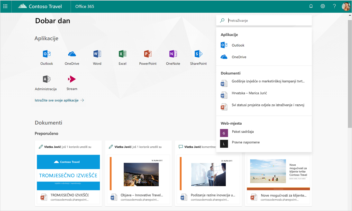 Snimka zaslona s prikazanim pametnim preporukama u pretraživanju u sustavu Office 365.