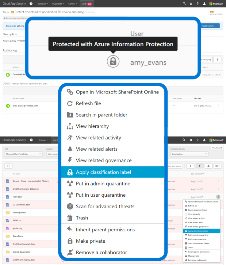 Képernyőkép az Azure Information Protection legördülő menüjében kiválasztott „Besorolási címke alkalmazása” elemről 