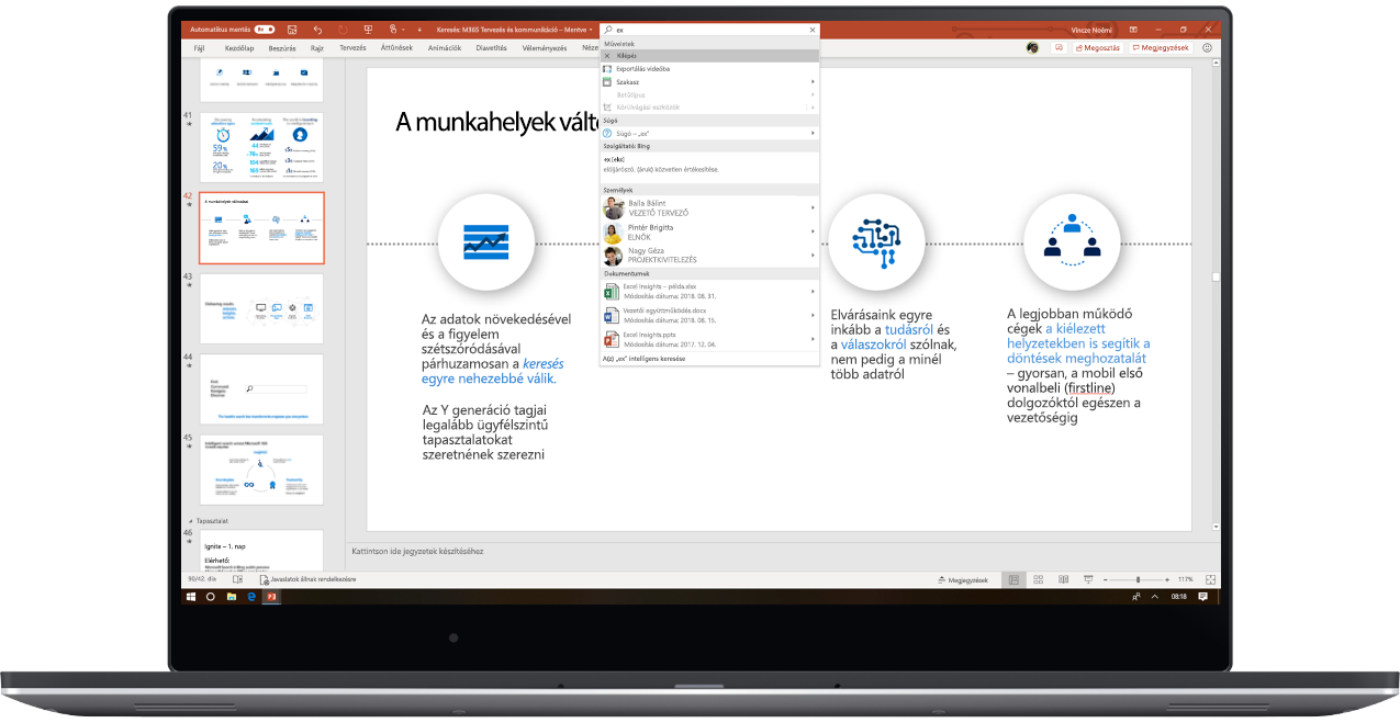 Laptopon megnyitott PowerPoint-diasor, amelyben a felhasználó a Microsoft Keresés szolgáltatással keres valamit