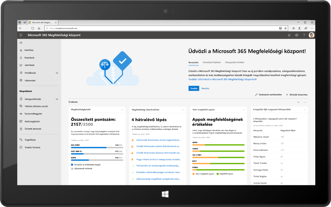 Az új Microsoft 365 Megfelelőségi központot megjelenítő táblagép