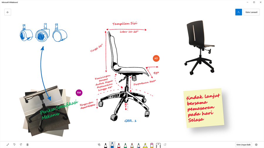Gambar memperlihatkan cara tim menggunakan Microsoft Whiteboard untuk memvisualkan gambar teknik kursi kantor.