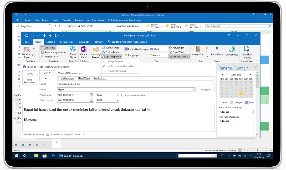Sebuah tablet menampilkan Opsi Respons untuk permintaan rapat di Outlook.