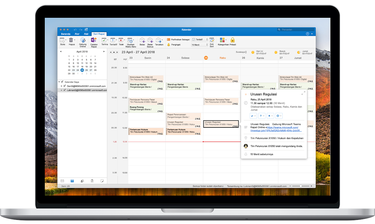 Laptop yang terbuka menampilkan Opsi Zona Waktu di kalender Outlook.
