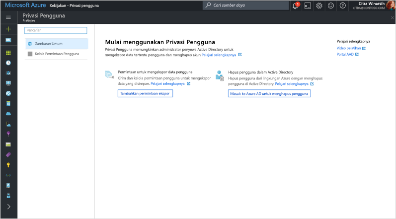Cuplikan layar "Mulai menggunakan Privasi Pengguna" dalam Azure Directory.