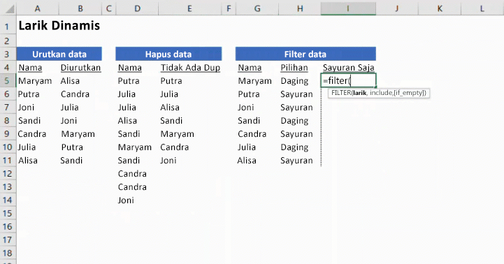 Gambar animasi memperlihatkan Larik Dinamis di Excel.