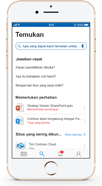 Gambar memperlihatkan perangkat seluler yang menggunakan aplikasi seluler SharePoint.
