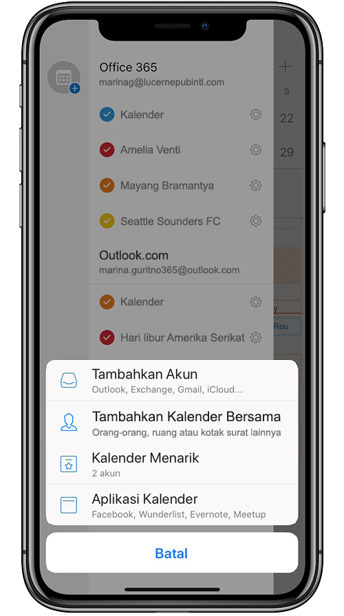 Gambar perangkat seluler yang menambahkan Kalender Bersama di Outlook seluler.