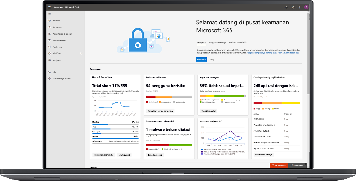 Gambar dasbor pusat keamanan Microsoft 365.