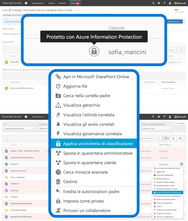 Screenshot della selezione "Applica un'etichetta di classificazione" in un menu a discesa di Azure Information Protection. 