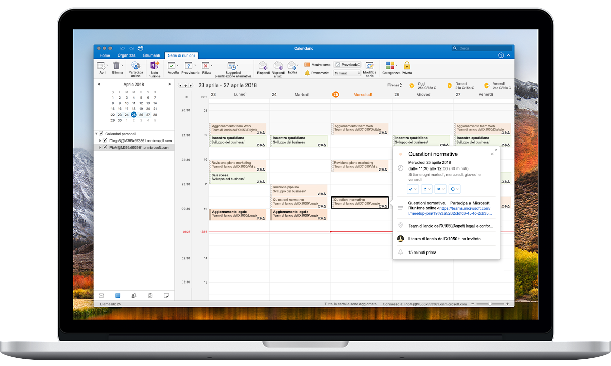 Portatile aperto che mostra le opzioni per i fusi orari nel calendario di Outlook.