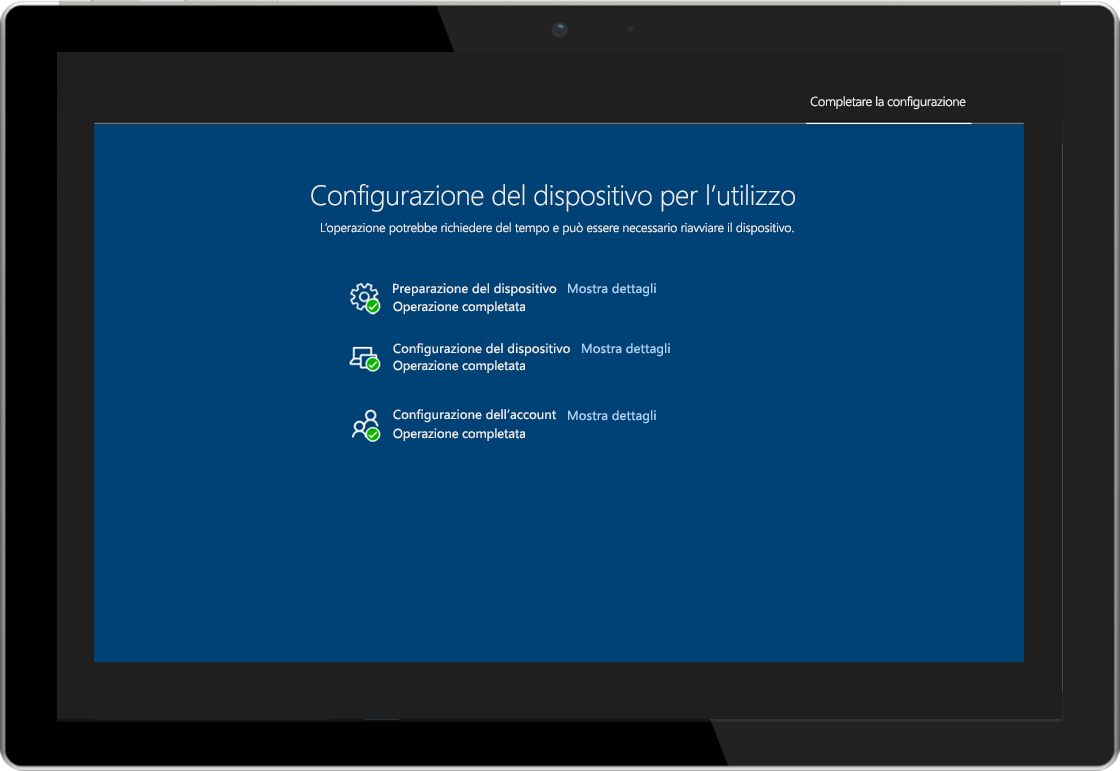 Immagine di un tablet che mostra la pagina di stato della registrazione di Windows Autopilot