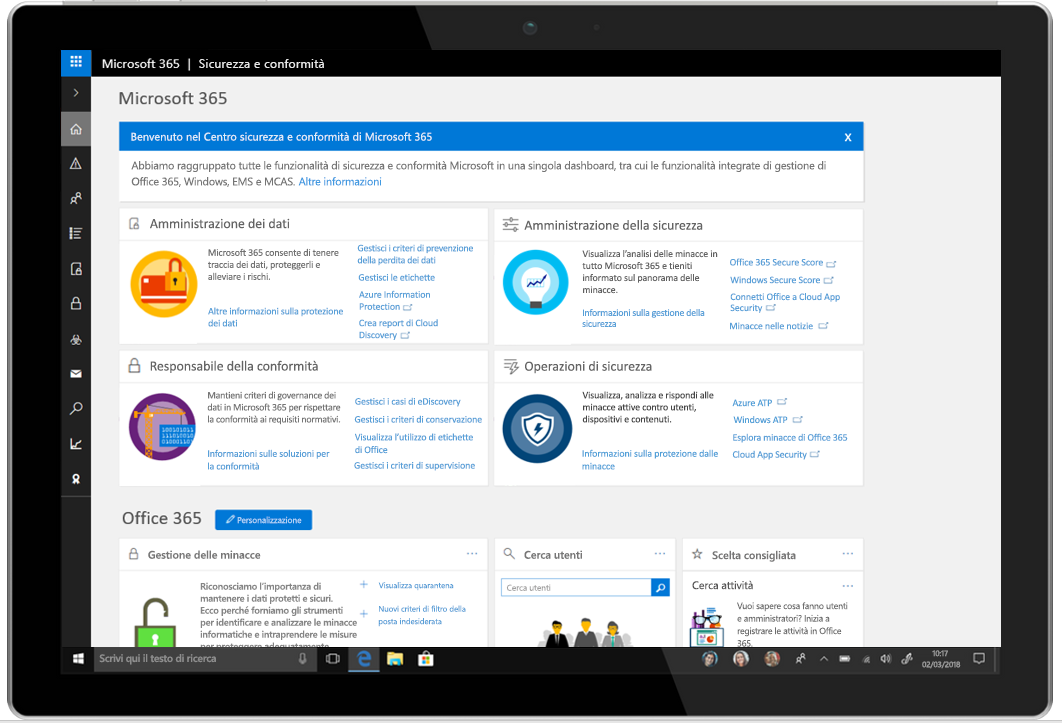 Tablet che visualizza il Centro sicurezza e conformità di Microsoft 365.
