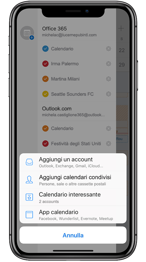 Immagine di un dispositivo mobile in cui viene aggiunto un calendario condiviso in Outlook Mobile.