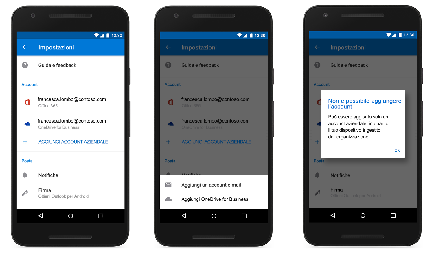 Immagine di tre dispositivi che mostrano un account aggiunto in Outlook Mobile.