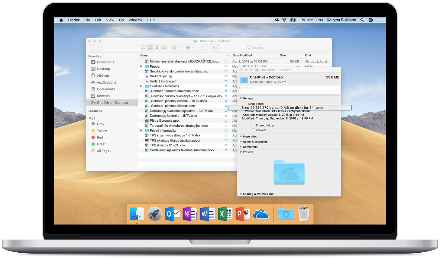 Paveikslėlyje pavaizduota „OneDrive“ failai pagal poreikį atidarytame „Mac“.