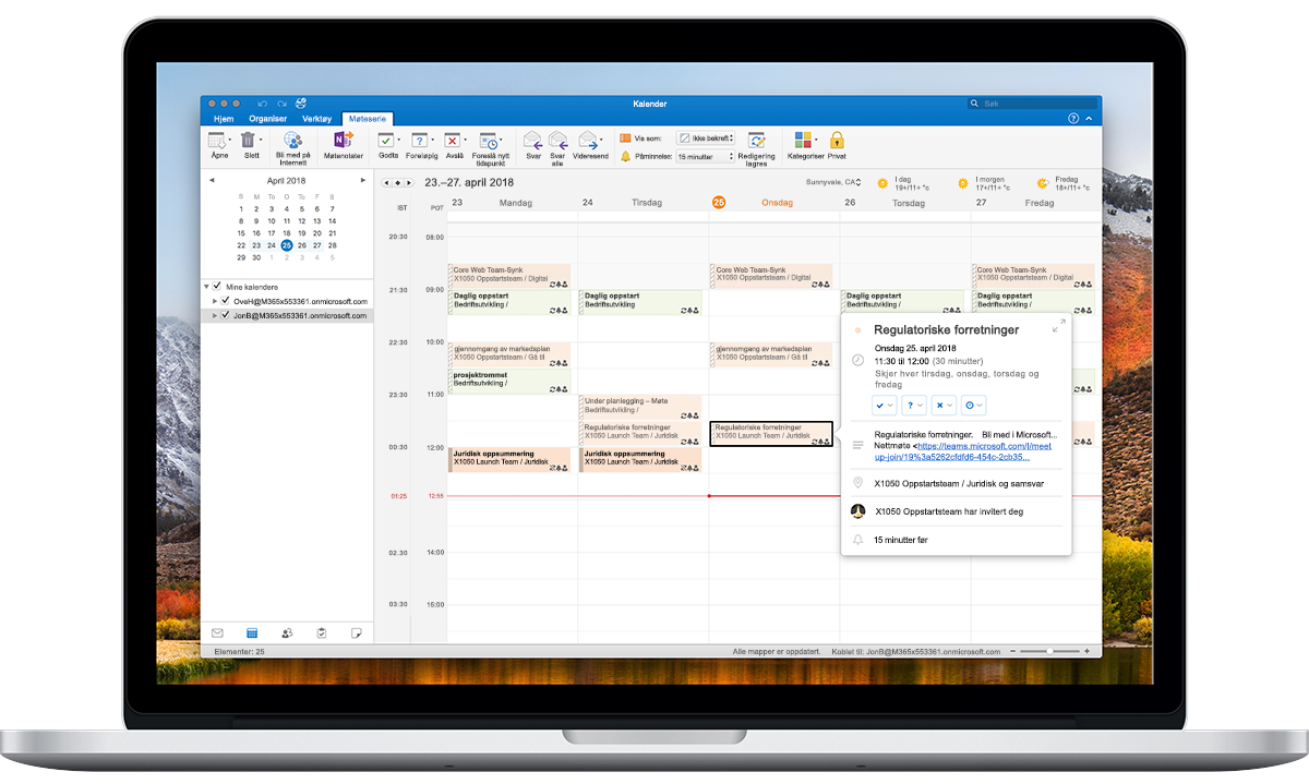 En oppslått bærbar datamaskin viser frem Alternativer for tidssoner i Outlook Kalender.