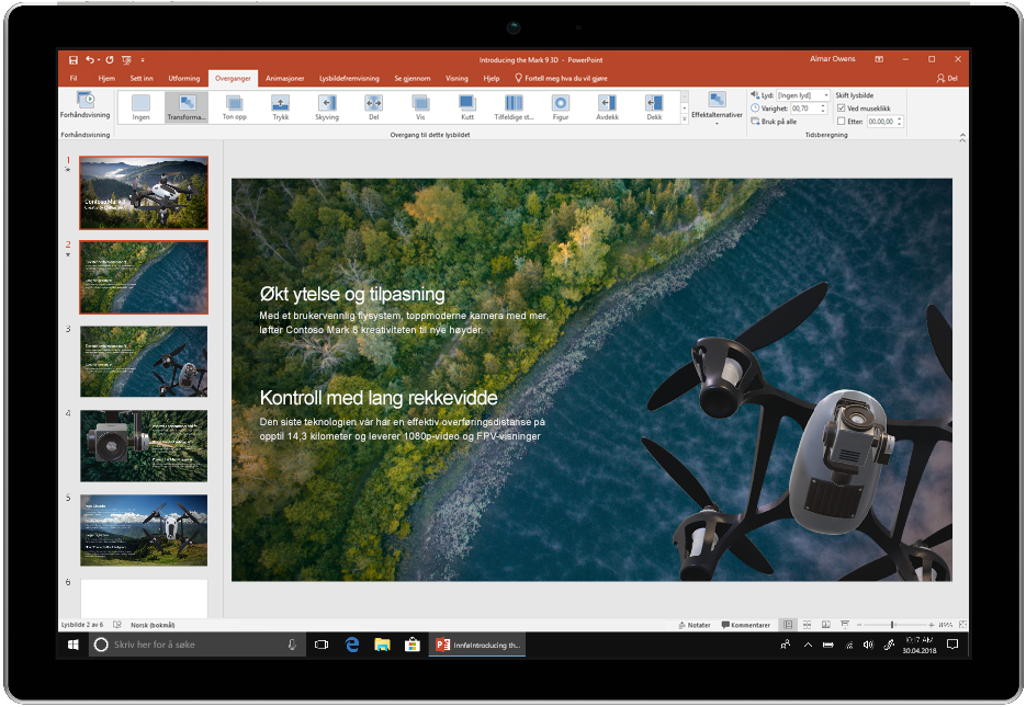 Et bilde viser en enhet som bruker PowerPoint i Office 2019.