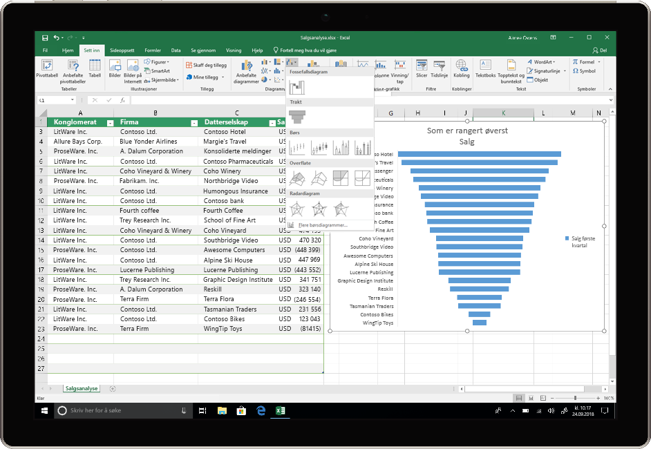 Et bilde viser en enhet som bruker Excel i Office 2019.