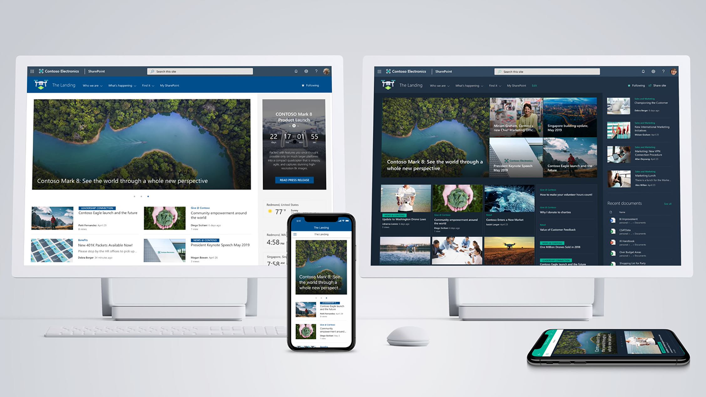 Изображение на няколко устройства, показващи начални сайтове на SharePoint, които предоставят динамична, интригуваща и персонализирана среда за работа на служителите в организациите.